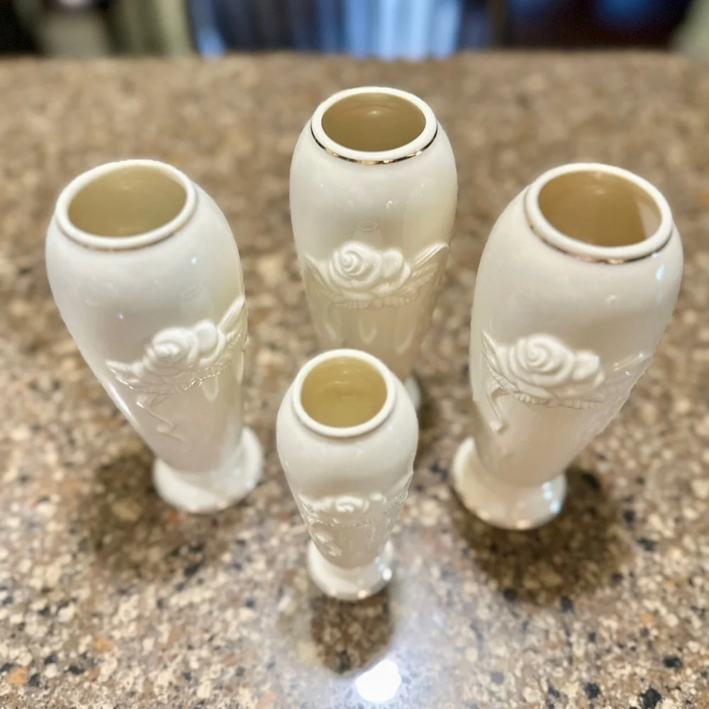 LENOX,SET/4, ROSE BLOSSOM BUD VASES.MADE OF IVORY FINE CHINA WITH 24K GOLD TRIM.